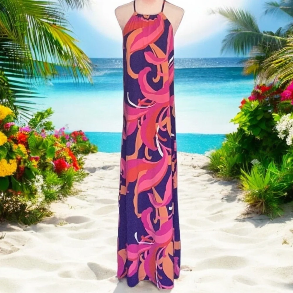TRINA TURK NWT MILAN SCROLLING FLORAL MAXI DRESS MEDIUM HALTER NECK - Picture 3 of 9